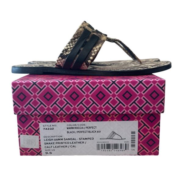 Tory Burch Leigh Thong Sandals 9.5 Roccia Snakeskin Black Logo - Picture 9 of 11